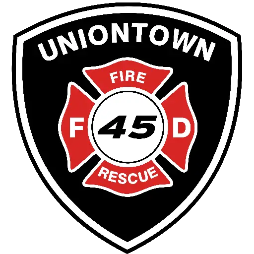 Logo of Uniontown Fire and Rescue, featuring a black shield with a red and white firefighter emblem, containing the text "Uniontown," "Fire," "45D," and "Rescue.