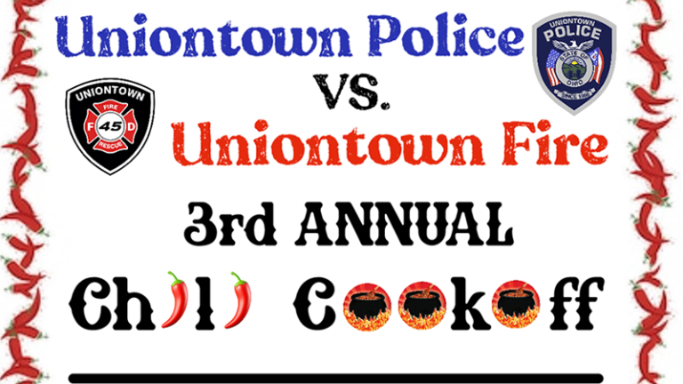 Event flyer with "Uniontown Police vs. Uniontown Fire 3rd Annual Chili Cookoff." Logos of police and fire departments, images of chili peppers and cooking pots with flames, and festive red and blue border elements.