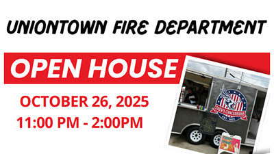 Uniontown Fire Department Open House on October 26, 2025, from 11:00 PM to 2:00 PM, with a photo of a food truck and a sign reading "Good Concessions.